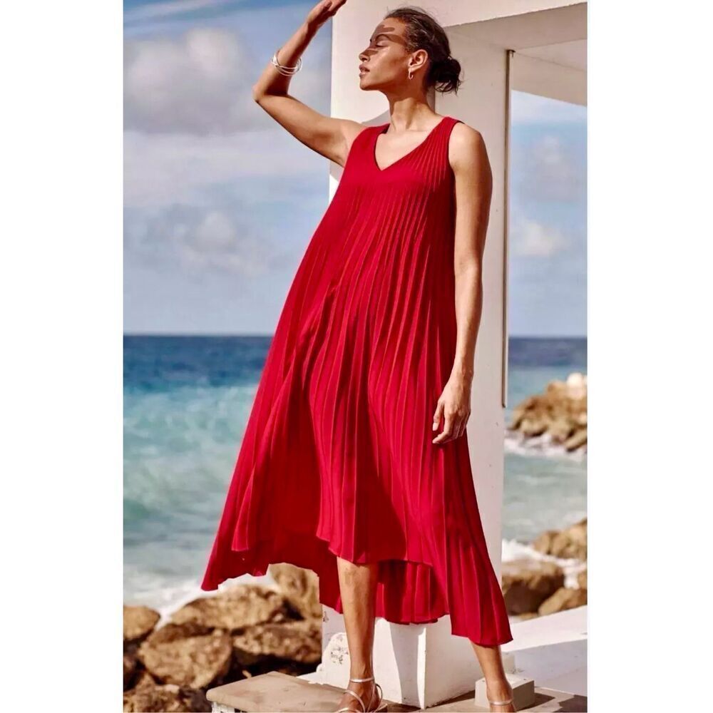 NEW J.Jill Wearever Woven Sunburst Pleated Elliptical Dress Size XL Cherry Red M